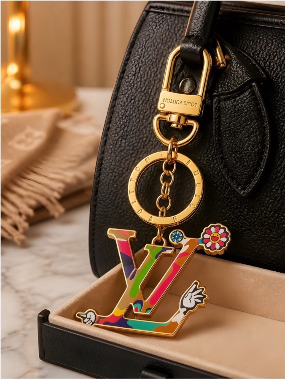 Louis Vuitton Multicolor Enamel LV Logo Key Charm with Gold Hardware